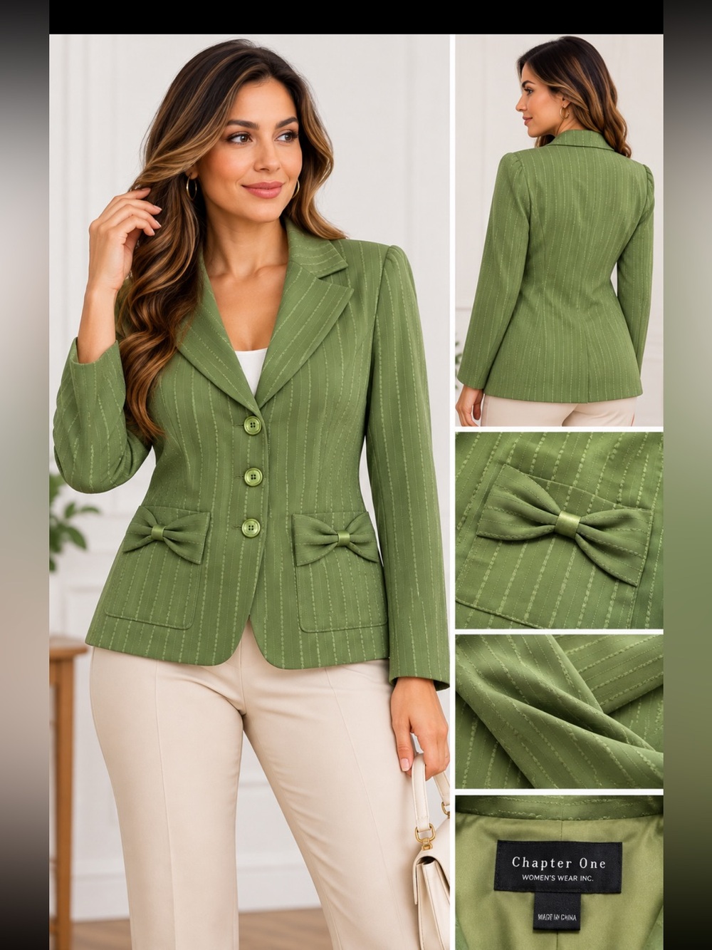 Charter One Women’s Green Pinstripe Blazer Jacket Bow Detail 3 Button Pockets